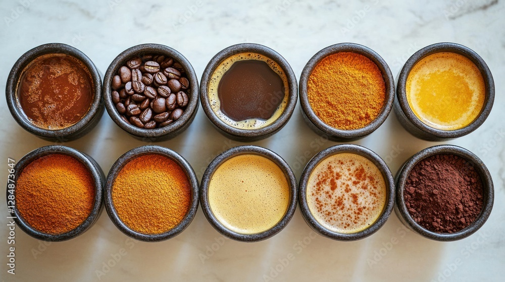 Variety of coffee drinks and spices on marble Variety of coffee drinks and spices on marble