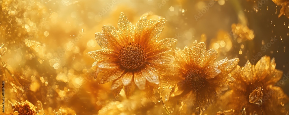 Golden daisy flowers with dew in warm sunlight Golden daisy flowers with dew in warm sunlight