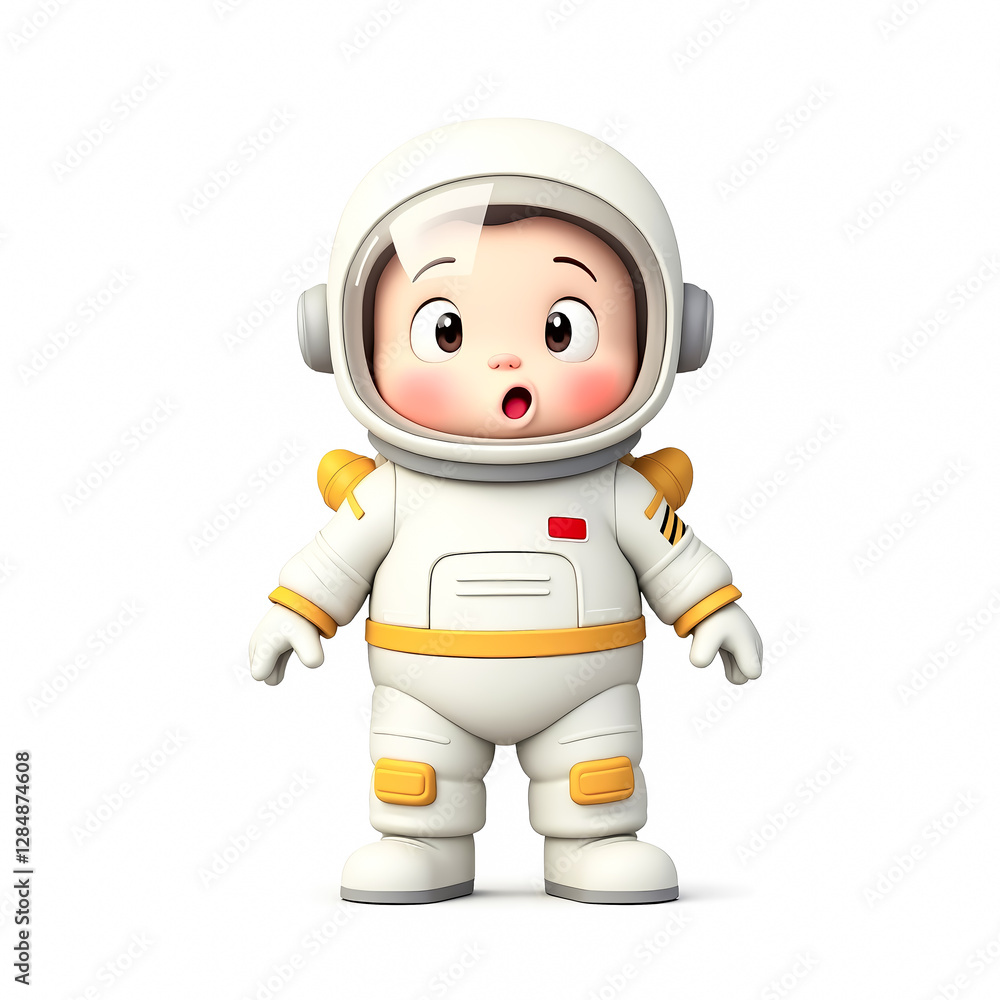 adorable 3d rendering of a surprised baby astronaut in a white and yellow spacesuit adorable 3d rendering of a surprised baby astronaut in a white and yellow spacesuit