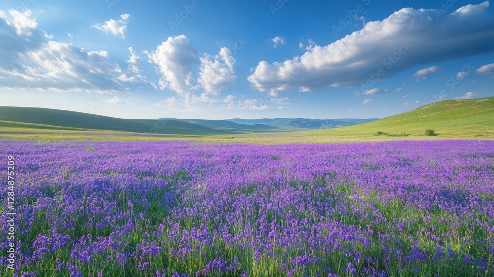 Fototapeta premium Vibrant purple wildflowers bloom in sun-drenched valley