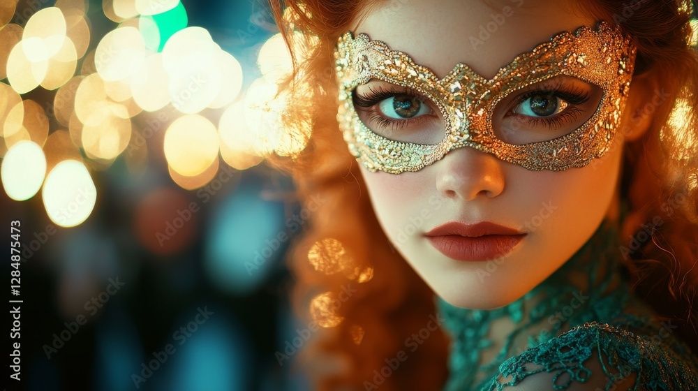 A stunning 40-year-old brunette with long hair attends an outdoor masquerade ball, wearing a green dress and a matching lace mask, with blurred dancers in the background and the sunset light A stunning 40-year-old brunette with long hair attends an outdoor masquerade ball, wearing a green dress and a matching lace mask, with blurred dancers in the background and the sunset light