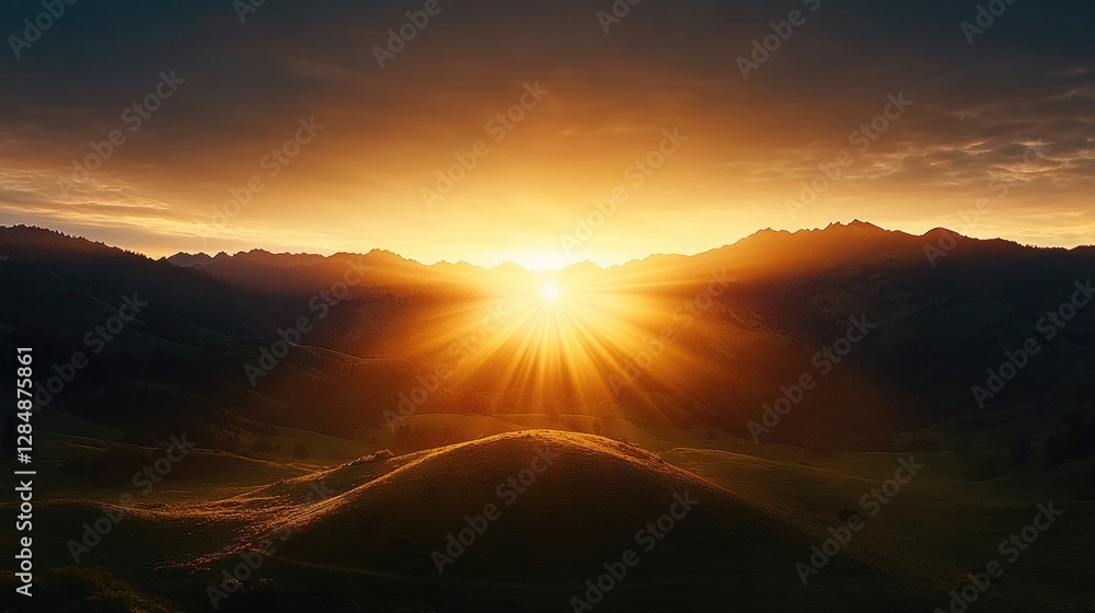 Fototapeta premium Sunrise over mountain range, golden rays, serene landscape. Possible use Nature background, wallpaper