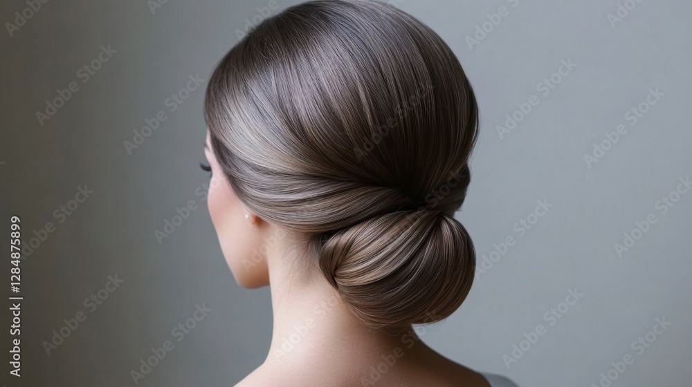 Elegant chignon updo made with smooth smokey ash hair, perfect for a formal look Elegant chignon updo made with smooth smokey ash hair, perfect for a formal look