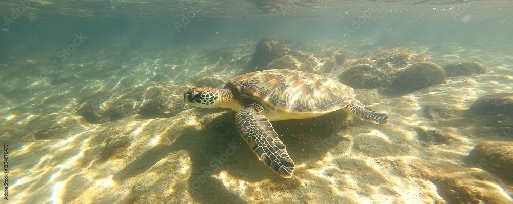 Fototapeta premium Sea turtle gliding over sunlit coral reef in crystal clear water