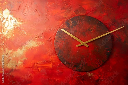 Modern abstract wall clock with golden hands set against a vibrant red background