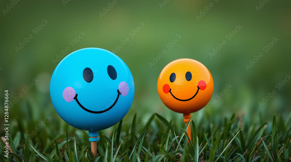 two spherical objects resembling smiley faces, positioned side by side on a grassy surface in an outdoor setting two spherical objects resembling smiley faces, positioned side by side on a grassy surface in an outdoor setting