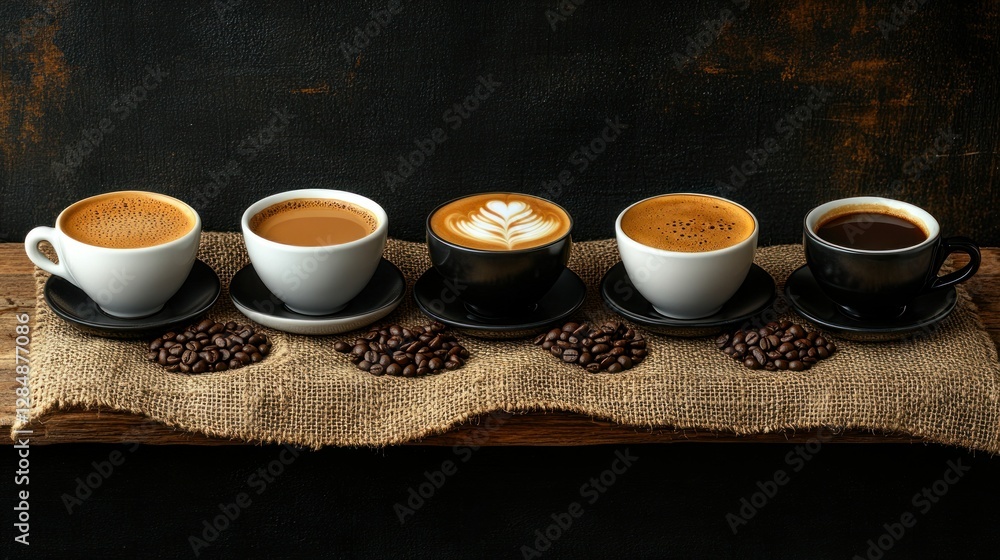 Variety of coffees on rustic wooden board with coffee beans, dark background Variety of coffees on rustic wooden board with coffee beans, dark background