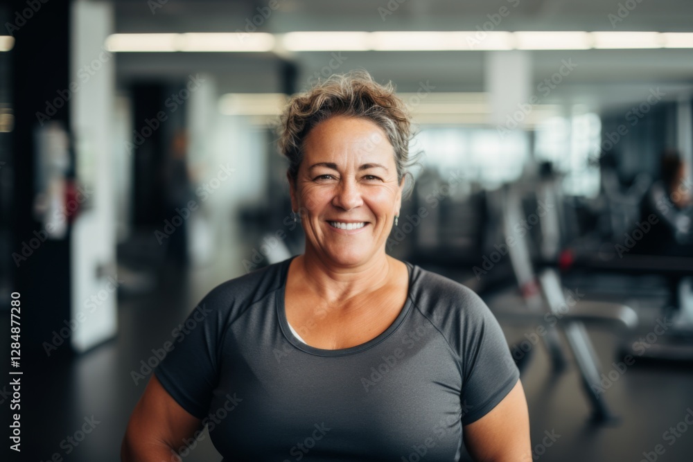 Smiling portrait of a middle aged slightly overweight woman in gym Smiling portrait of a middle aged slightly overweight woman in gym