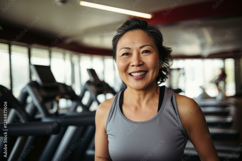 Smiling portrait of a middle aged slightly overweight woman in gym Smiling portrait of a middle aged slightly overweight woman in gym