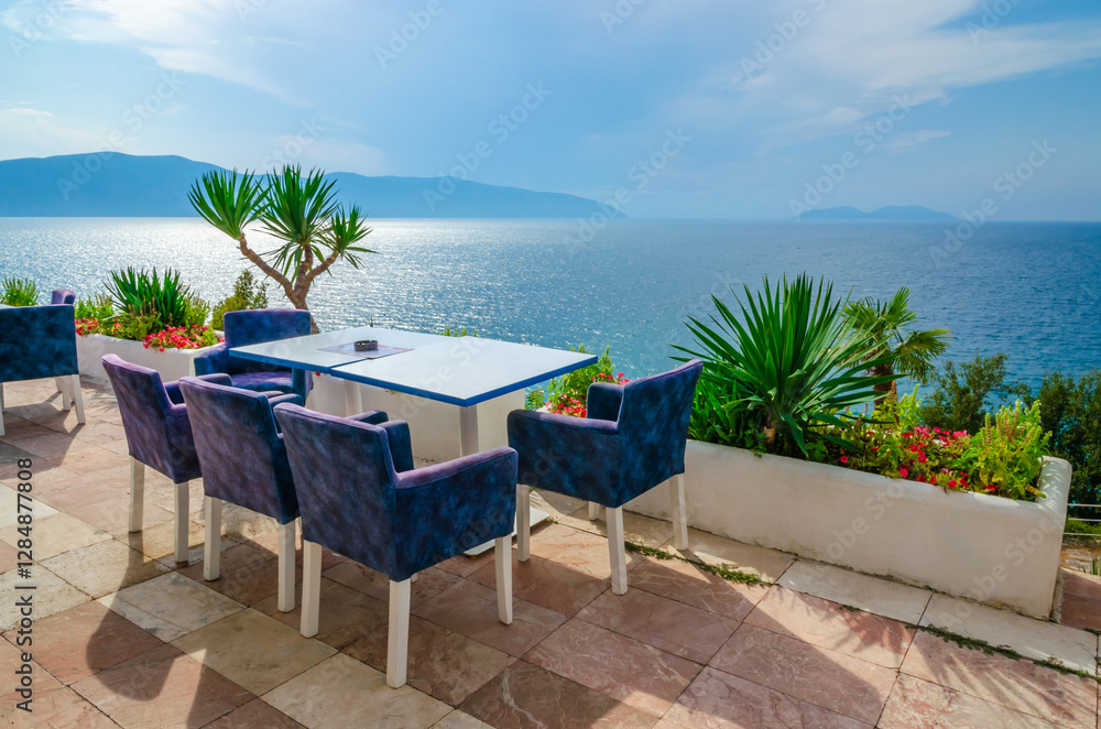 Beautiful summer seascape view from terrace in Vlora, Albania