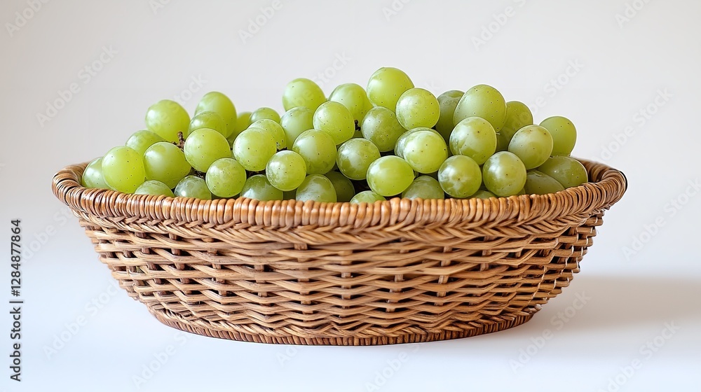Wicker basket with green grapes on a light background Wicker basket with green grapes on a light background