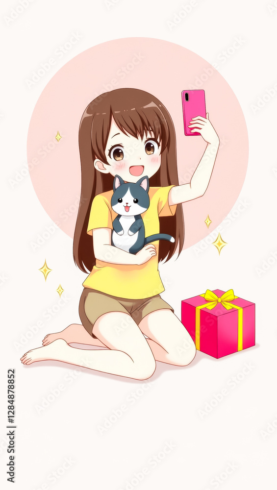 happy young girl takes a selfie with her cute kitten and a pink gift happy young girl takes a selfie with her cute kitten and a pink gift