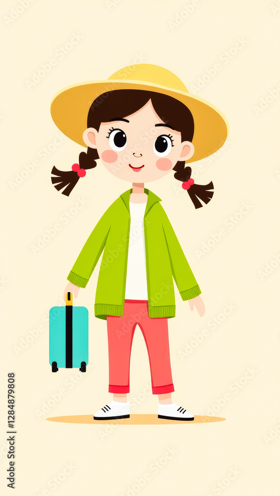 cheerful young girl in a green jacket and hat ready for a trip carrying a teal suitcase cheerful young girl in a green jacket and hat ready for a trip carrying a teal suitcase