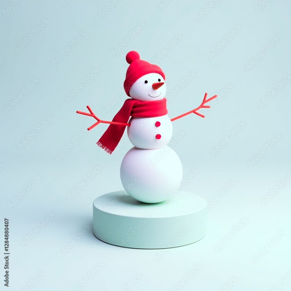 cheerful snowman in red hat and scarf on teal platform cheerful snowman in red hat and scarf on teal platform