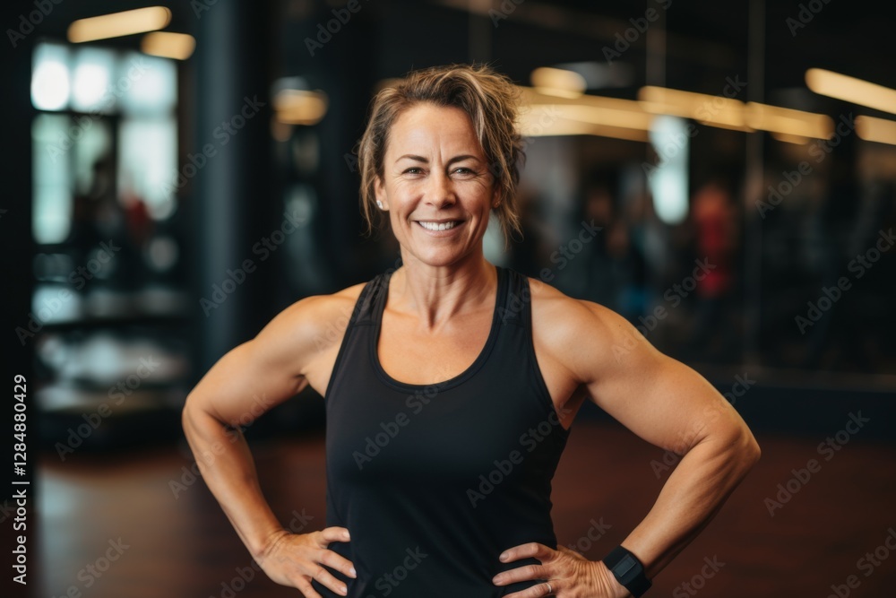 Smiling portrait of a middle aged slightly overweight woman in gym Smiling portrait of a middle aged slightly overweight woman in gym