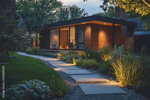 Modern garden path in a mid-century suburban home, with integrated lighting that complements native plants.