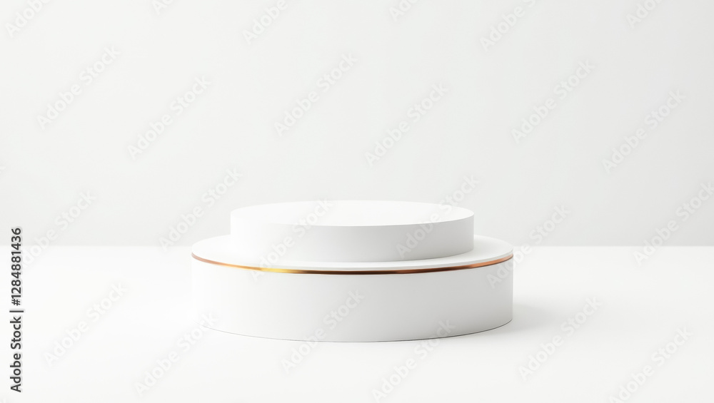 two-tiered white cylindrical display platform with copper accent two-tiered white cylindrical display platform with copper accent
