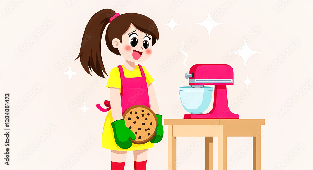 happy girl in an apron presents a delicious chocolate chip cookie happy girl in an apron presents a delicious chocolate chip cookie