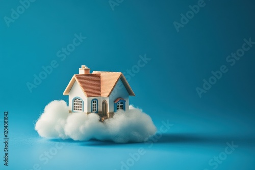 A miniature house on a cloud against a blue background photo