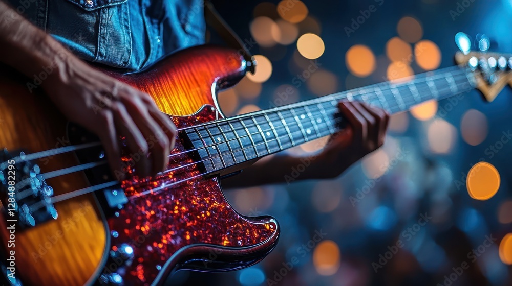 Obraz premium Bassist playing electric bass on stage, concert lights