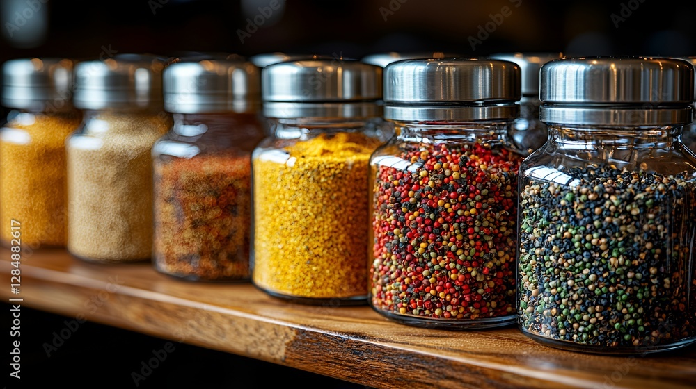 Colorful spice jars on wooden shelf. Background display. Possible use Stock photo for food store or restaurant Colorful spice jars on wooden shelf. Background display. Possible use Stock photo for food store or restaurant