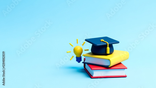 3d : graduation cap on stack of books with lightbulb representing education and new ideas photo