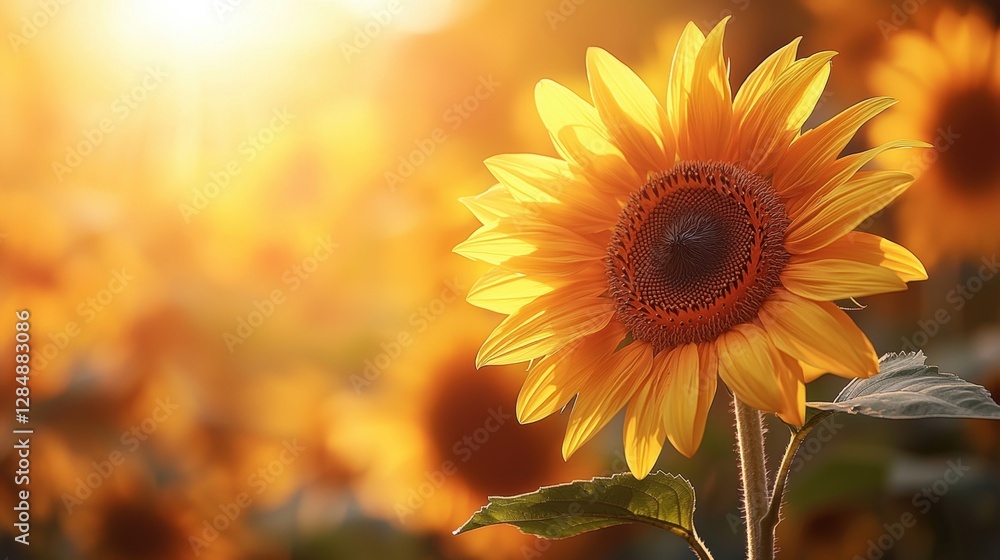 Naklejka premium Vibrant Sunflower at Golden Hour in a Sunlit Field Nature