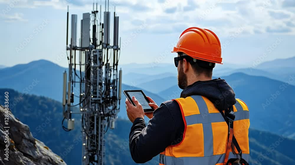 Engineer in Orange Vest and Hard Hat Inspecting Cell Tower with Tablet Against Mountain Backdrop Under Blue Sky During Daytime