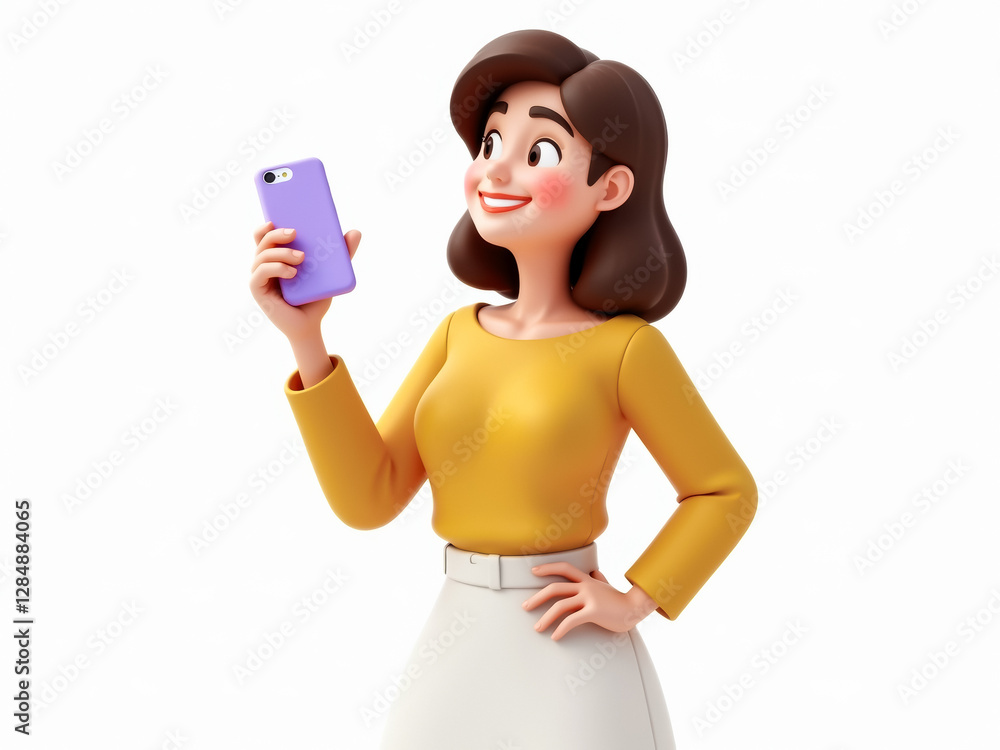 smiling cartoon woman looking at her smartphone happily smiling cartoon woman looking at her smartphone happily