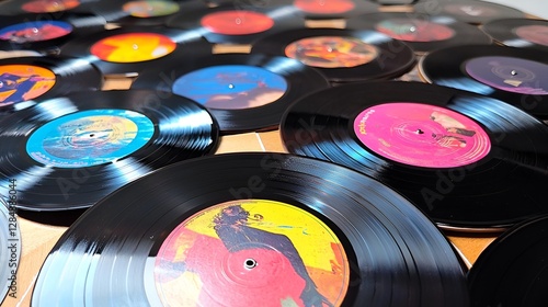 Colorful vinyl records on a table, music, background. Possible use stock photo for music