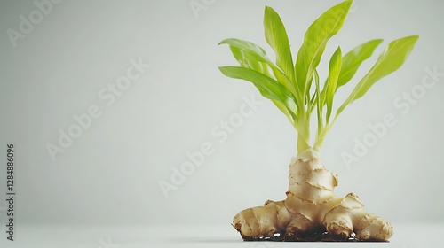 Fresh Ginger Root with Green Leaves Image photo