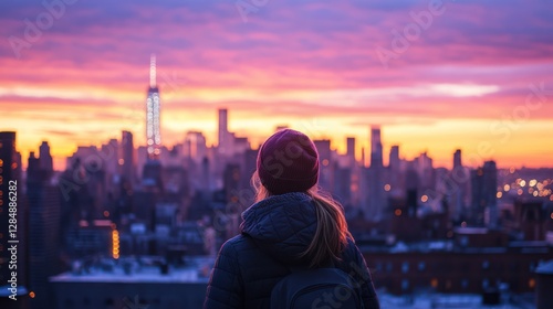 New York City, USA A traveler stands on a rooftop in Brooklyn, watching the sun set behind the Manhattan skyline.