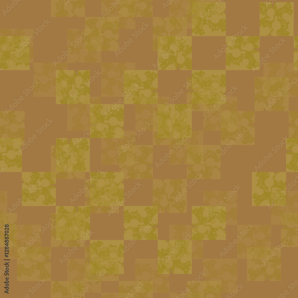Obraz premium Abstract checkered seamless pattern. Yellow floral texture with covered chamomile stamps on orange background. 