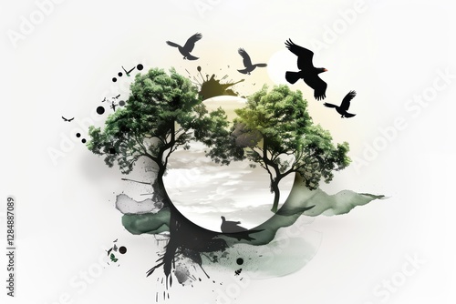 A serene tree silhouette with birds in the sky and warm sunlight creates a tranquil scene