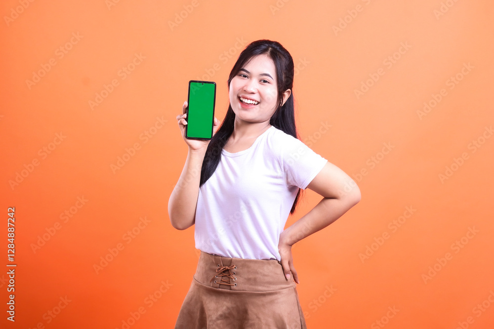 A cheerful woman presents a smartphone with a green screen against orange background A cheerful woman presents a smartphone with a green screen against orange background