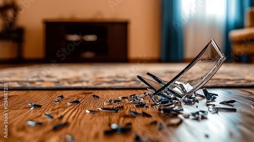 Shattered glass on wooden floor in a cozy living room with sunlight streaming through window