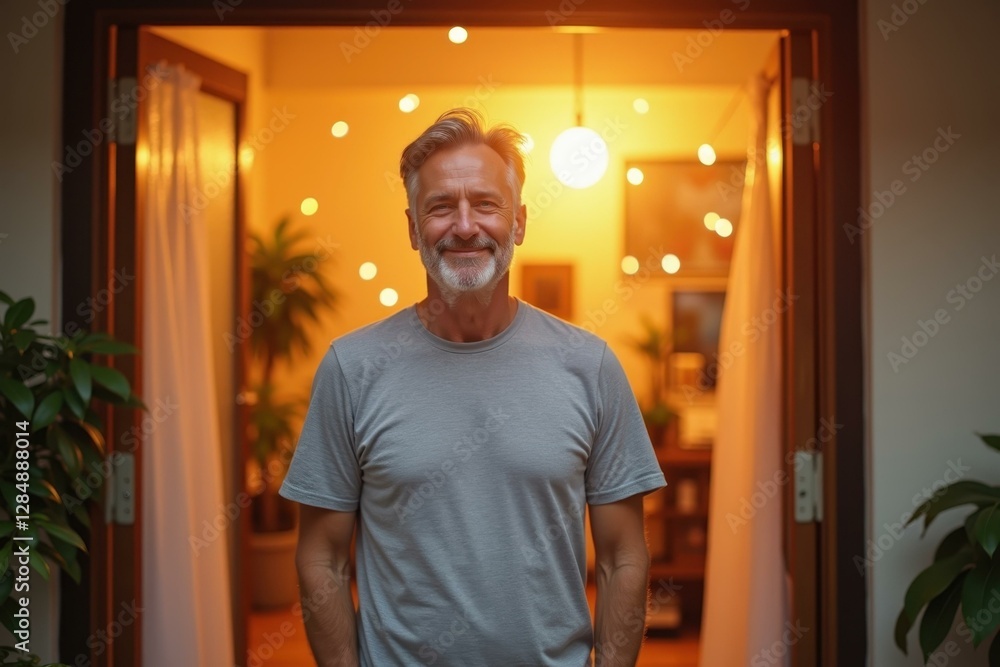 Man is standing in doorway of house with smile on his face Man is standing in doorway of house with smile on his face