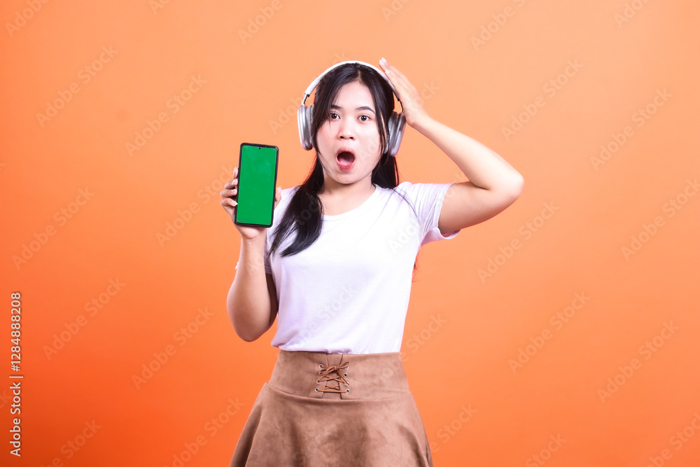 Woman holding a green screen smart phone gadget with headphone with shocked expression in an orange background Woman holding a green screen smart phone gadget with headphone with shocked expression in an orange background