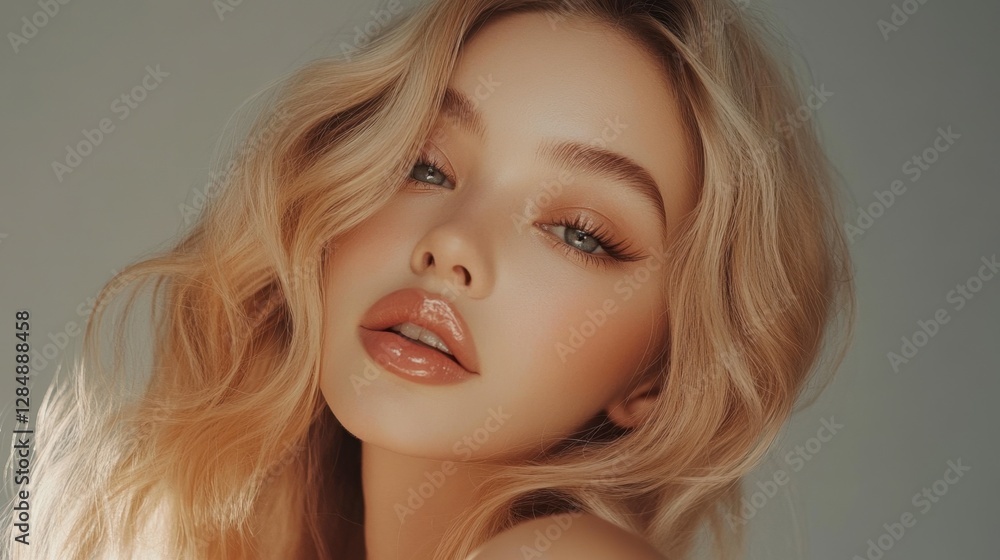 Naklejka premium Beautiful Young Woman with Wavy Blonde Hair and Soft Makeup