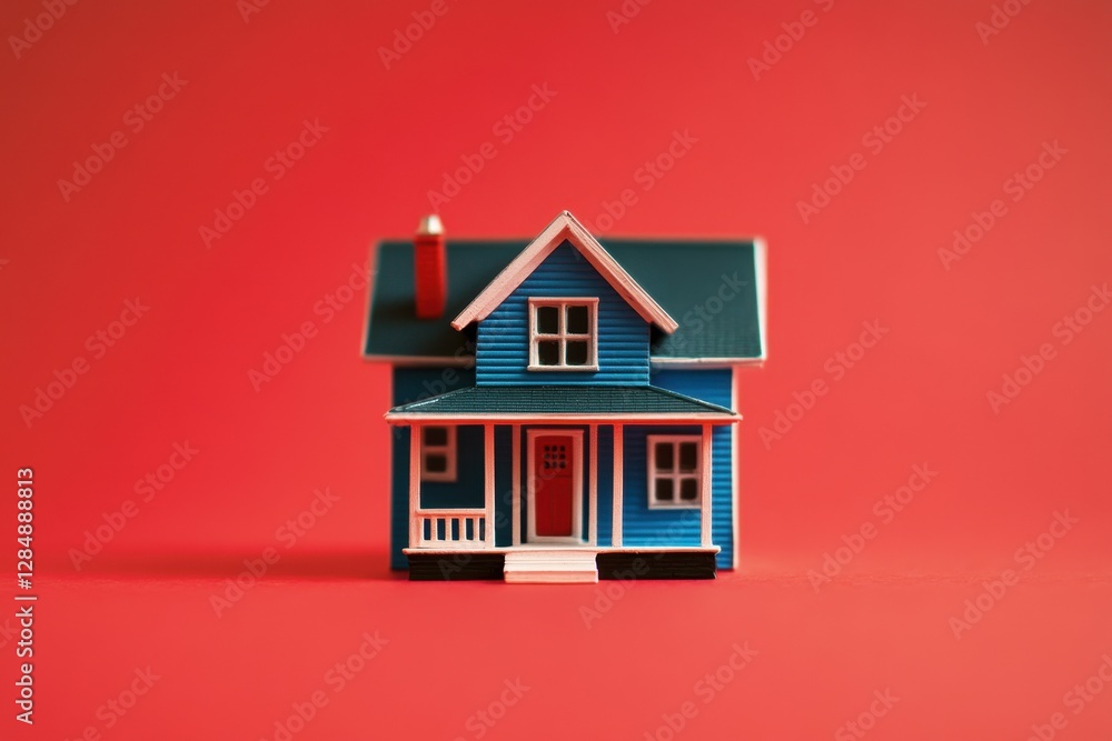 A Colorful Miniature House Against a Bright Red Background A Colorful Miniature House Against a Bright Red Background
