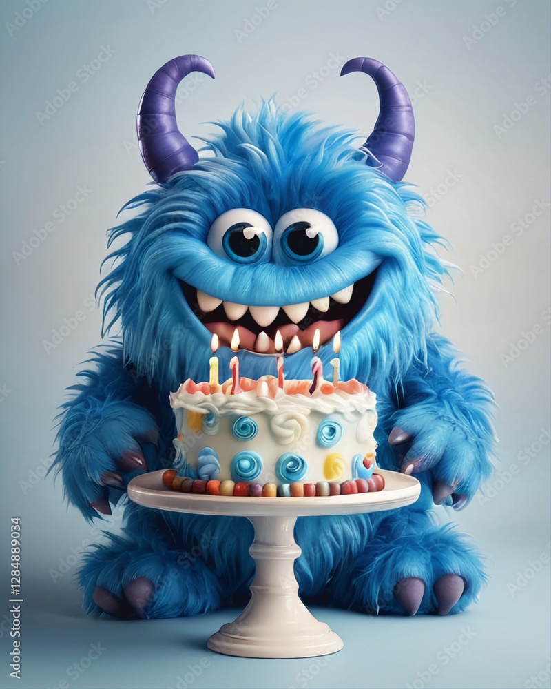 Happy little blue monster with a birthday cake, digital art, 3D design, character, illustration, celebration. Happy little blue monster with a birthday cake, digital art, 3D design, character, illustration, celebration.