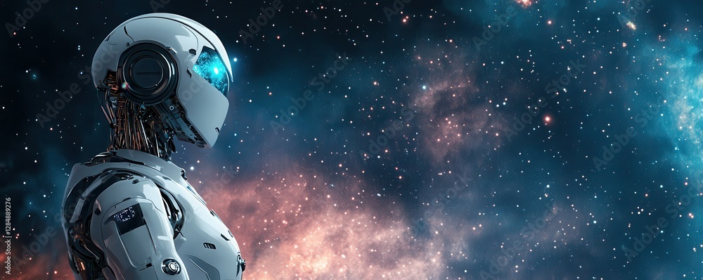 Fototapeta premium Futuristic robot in outer space with nebula backdrop