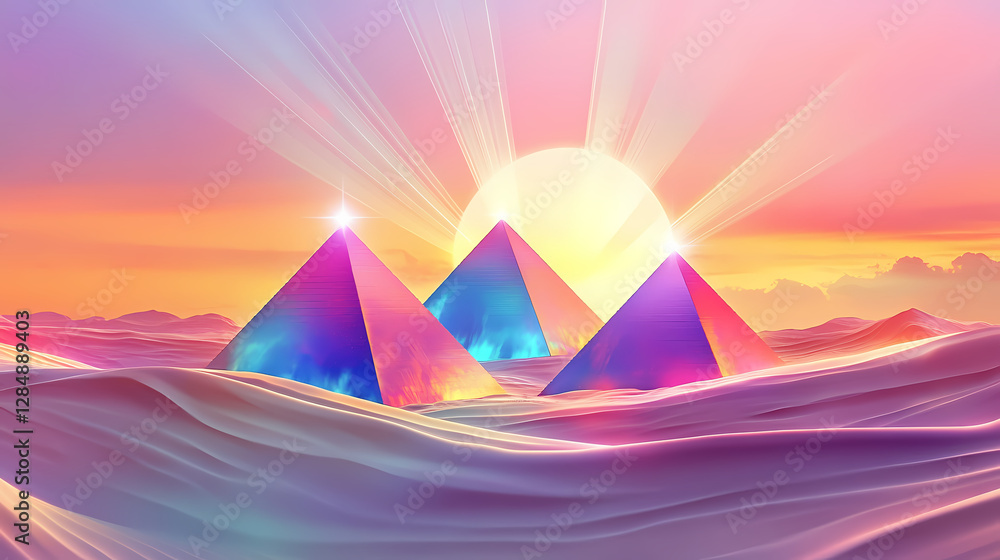 Surreal desert mirage with glowing pyramids and radiant beams. Otherworldly Desert Mirage. Illustration Surreal desert mirage with glowing pyramids and radiant beams. Otherworldly Desert Mirage. Illustration