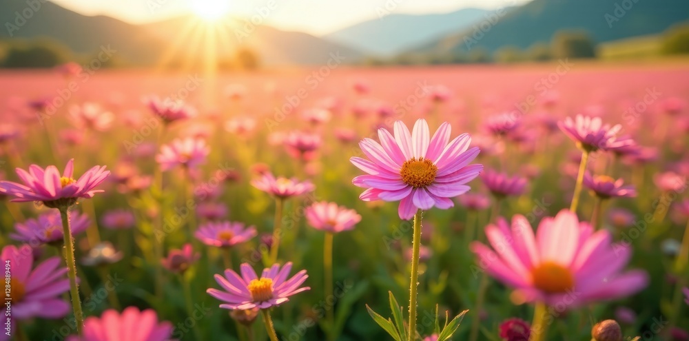 A sea of pink wildflowers stretching across a sunny landscape, flowers, yellow, daisy A sea of pink wildflowers stretching across a sunny landscape, flowers, yellow, daisy