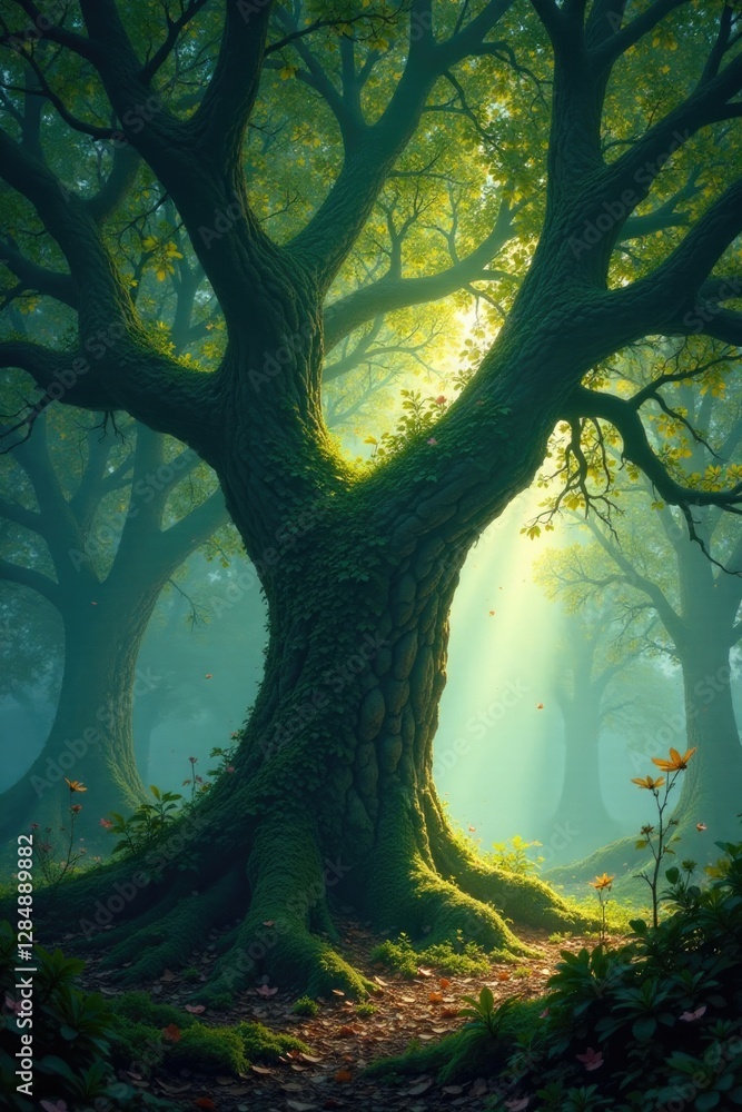 A sea of light and shadow wraps around ancient trees, forest, mystic, tree A sea of light and shadow wraps around ancient trees, forest, mystic, tree