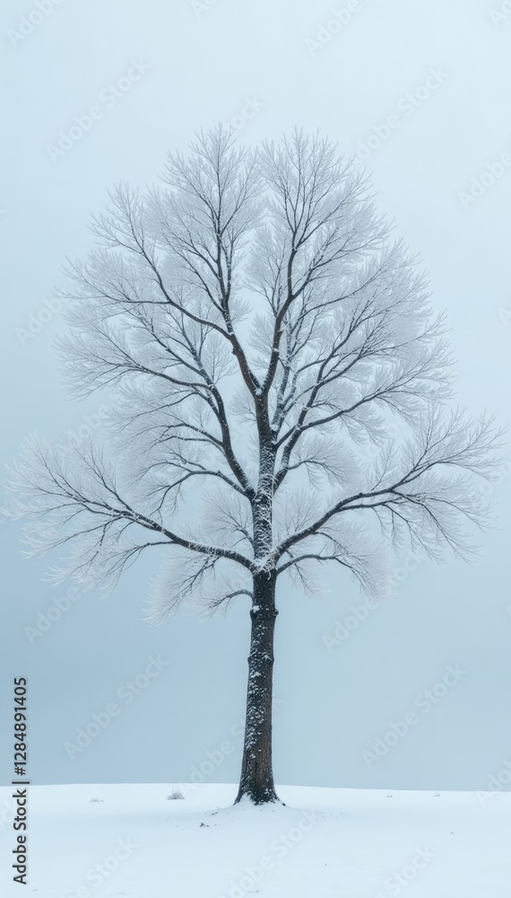 A white tree against a grey sky with bare branches, frost, frozen A white tree against a grey sky with bare branches, frost, frozen