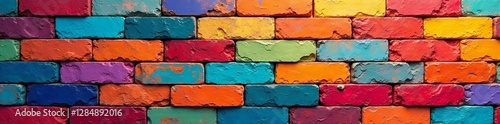 Vibrant geometric mural made of colorful bricks, geometric, urban, vibrant