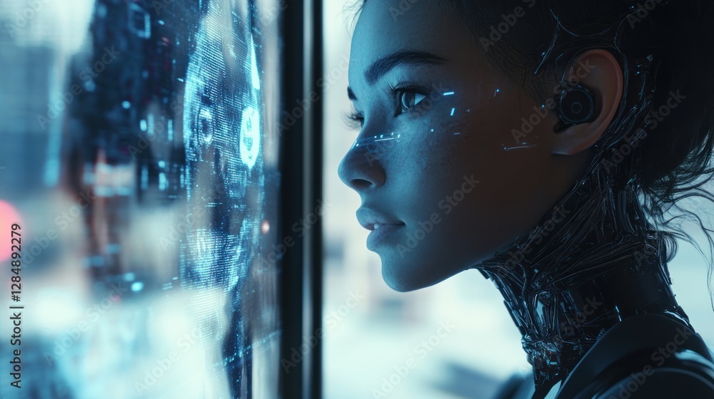 Cyberpunk Woman Gazing at Futuristic Interface Cyberpunk Woman Gazing at Futuristic Interface