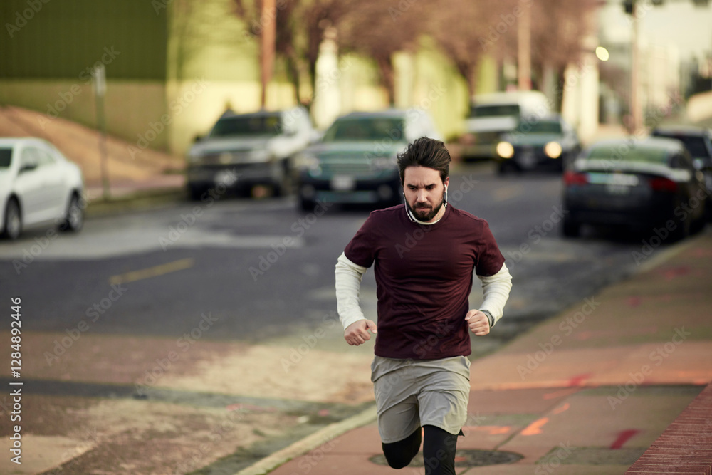Fototapeta premium Young man jogging in a town on a street
