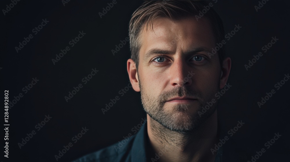 Fototapeta premium Intense Portrait of a Man with a Serious Expression Against a Dark Background
